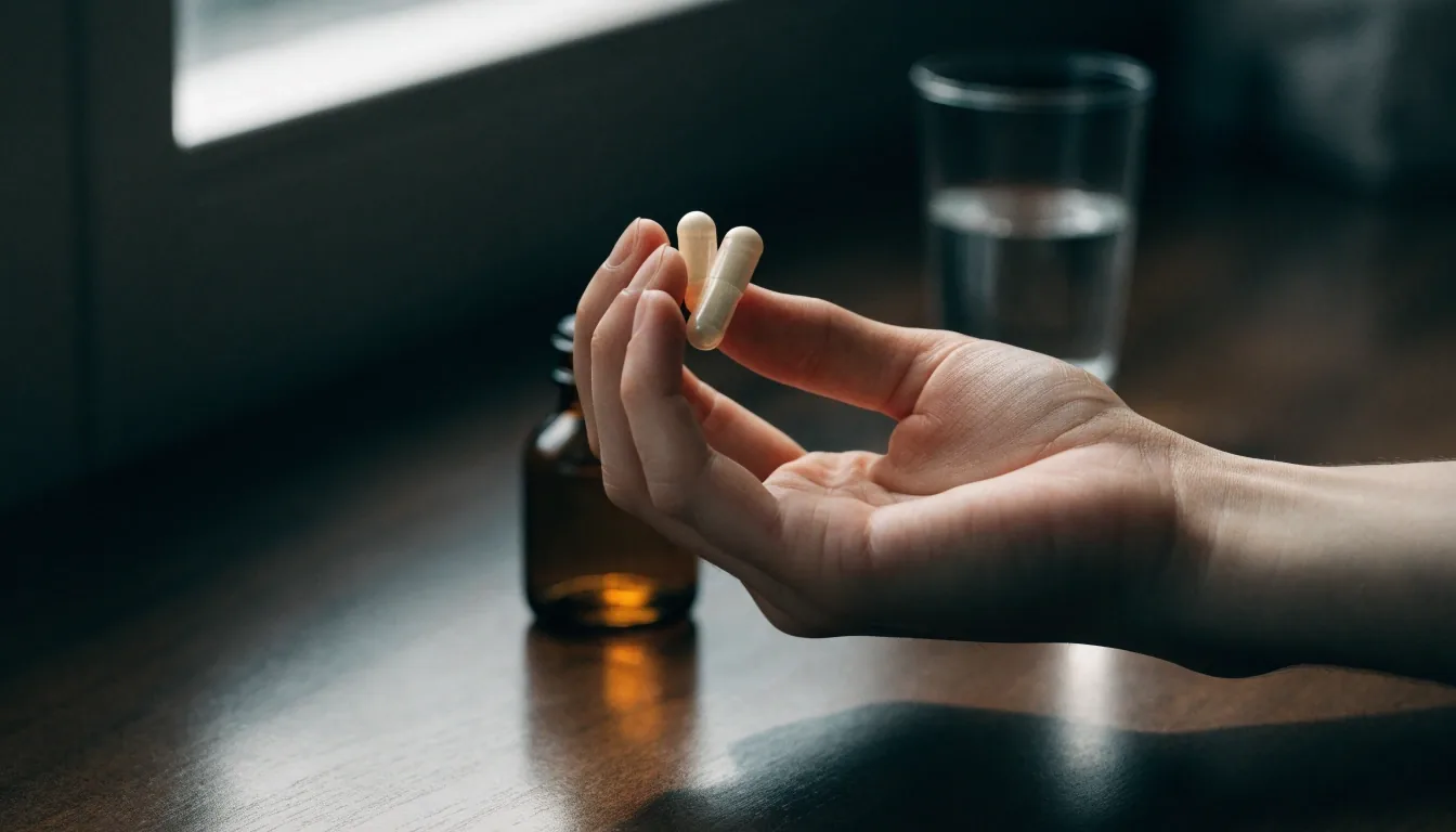 A hand on a dark kitchen counter beside an unbranded amber supplement bottle and a glass of water