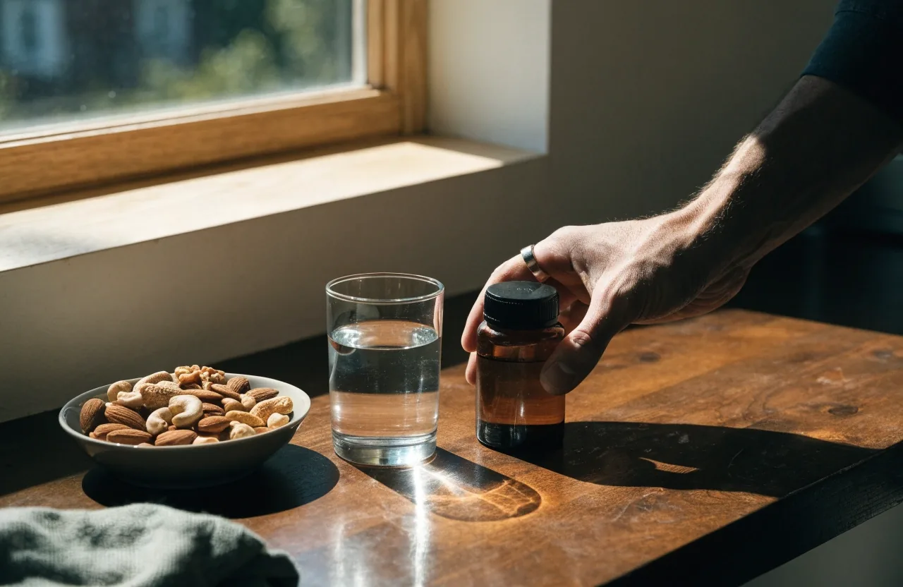 Hand taking an unbranded supplement bottle from a kitchen shelf in dim afternoon light