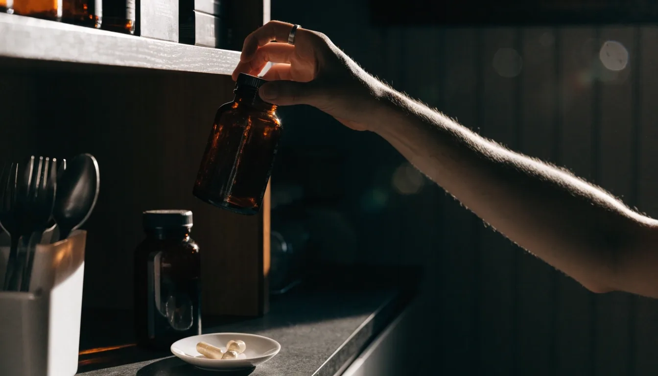 A hand taking down an unmarked amber supplement bottle from a dark kitchen shelf in afternoon light