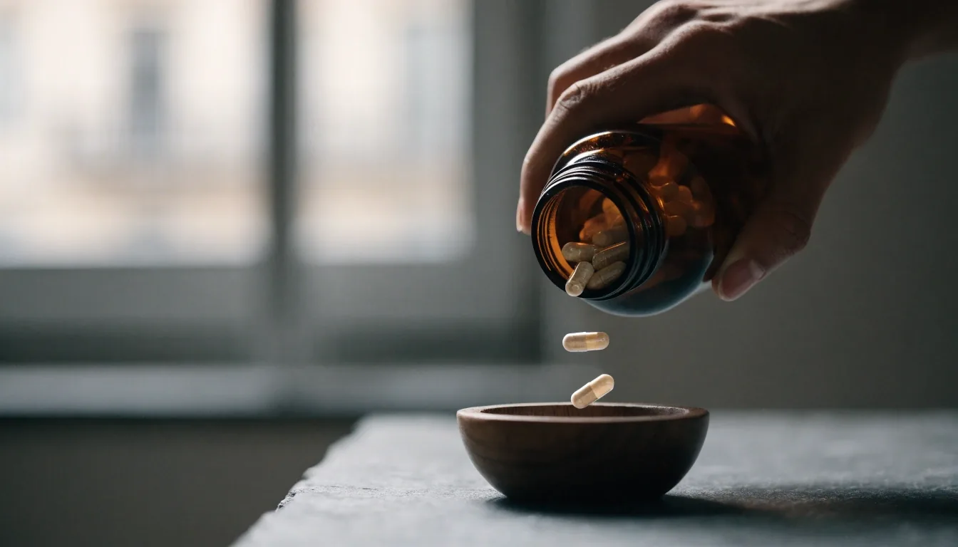 Pale unmarked capsules tipped from an open bottle onto a dark folding tray