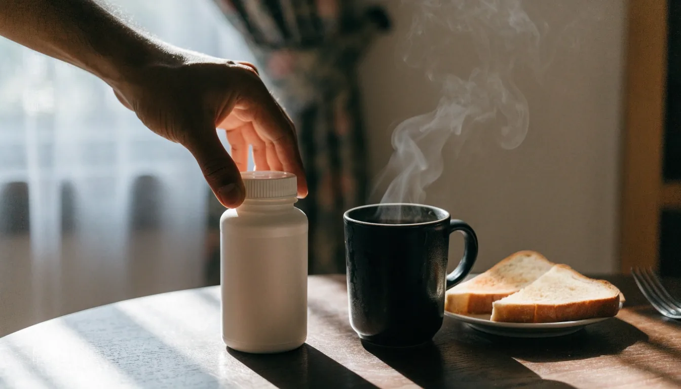 A supplement bottle and a glass of water on a kitchen counter next to a coffee cup in morning light
