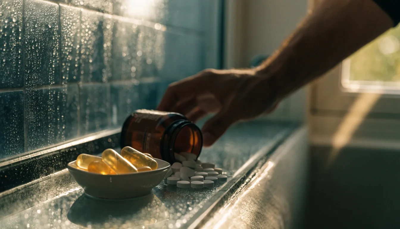 Unbranded capsules tipped from an open amber bottle onto a matte folding tray in overhead light