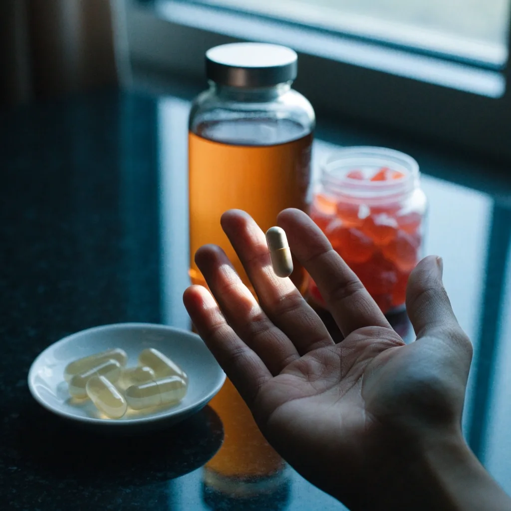 Five unmarked supplement containers — capsule bottle, tablet bottle, gummy jar, pouch and blister strip — lined up from above