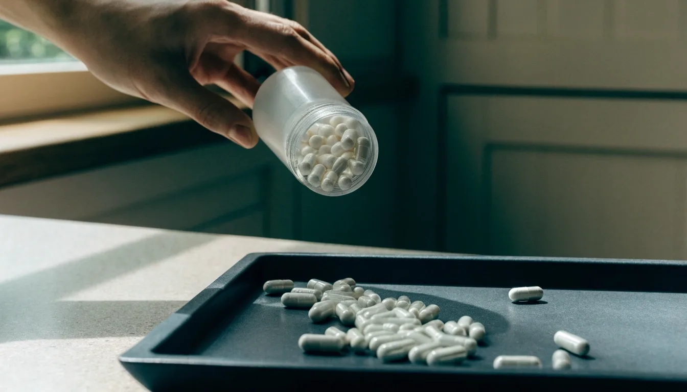 Pale capsules tipped out of an unmarked bottle onto a matte folding tray, photographed from directly above