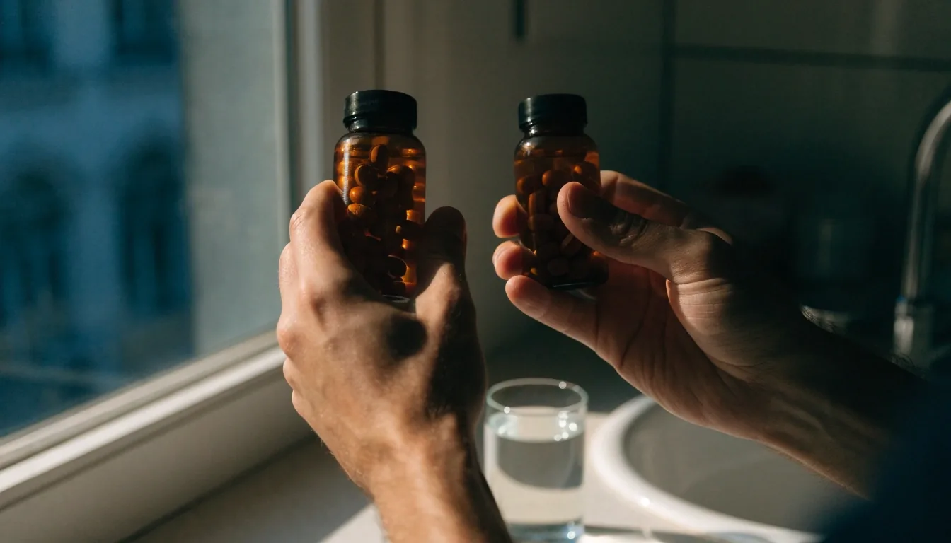 Two hands comparing two unmarked amber supplement bottles at a kitchen window in the afternoon