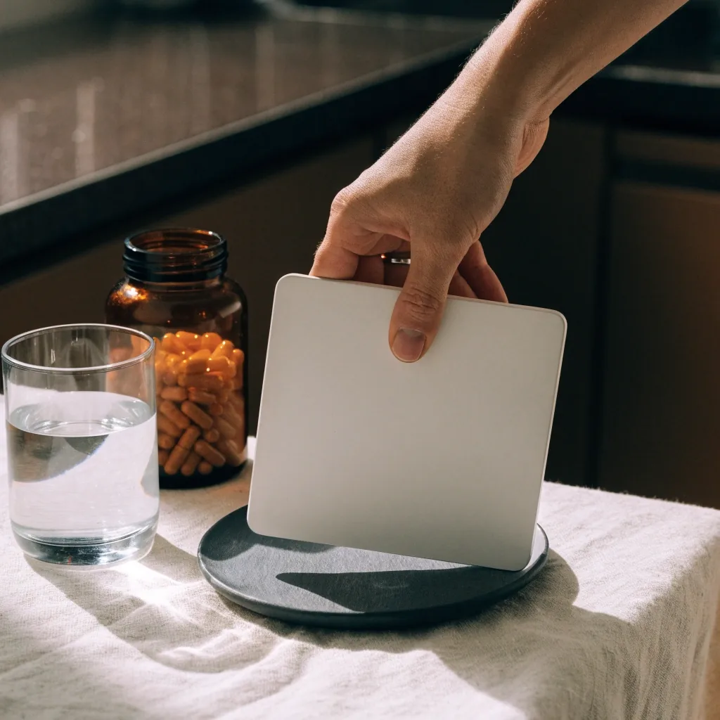 An unmarked supplement bottle and a glass of water on a dark kitchen counter in morning light