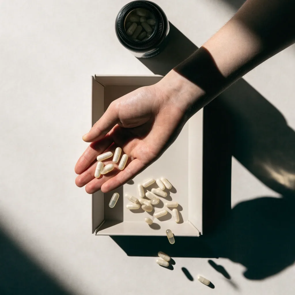 Pale capsules tipped from an open bottle onto a matte folding tray, seen from above
