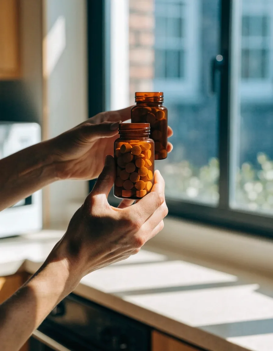 Two unbranded amber supplement bottles held up to a window for comparison