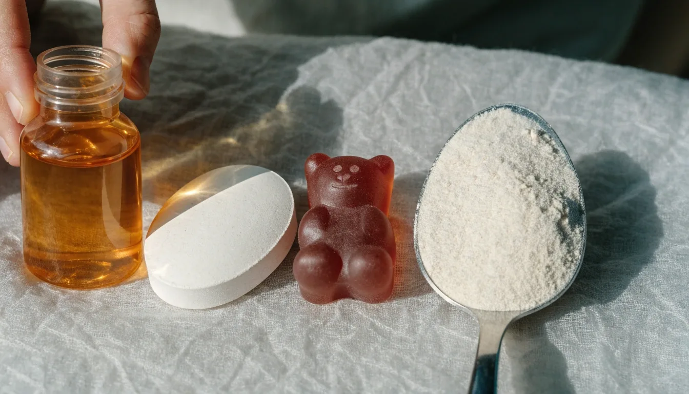 A hand pouring pale capsules from an open amber bottle onto a matte folding tray, overhead view