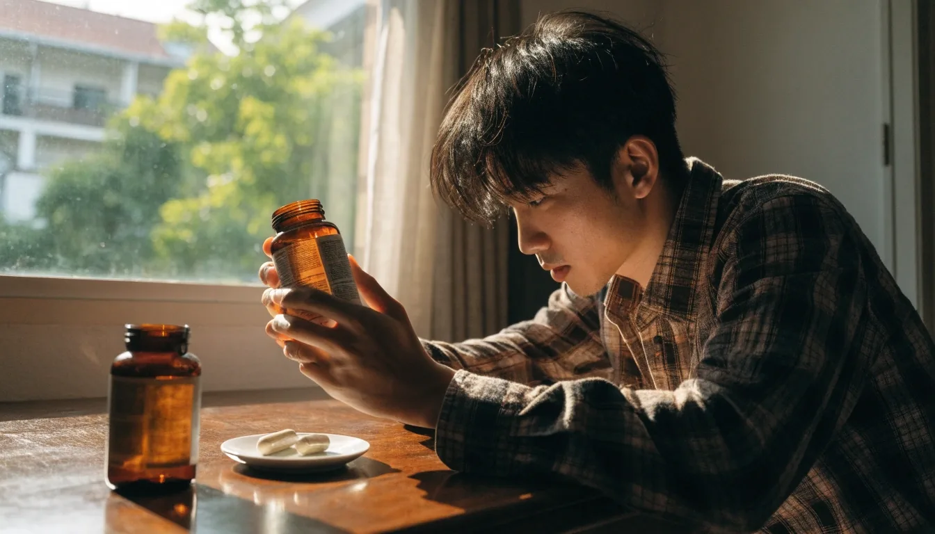 An open supplement bottle with loose capsules resting on a saucer beside a closed amber bottle on a kitchen counter under low cross-light