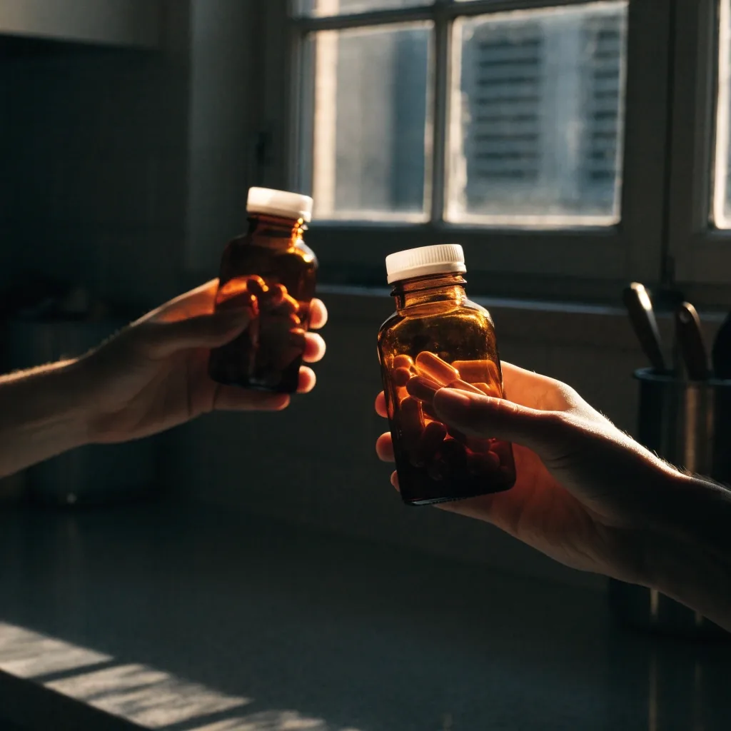 Two hands holding two unbranded supplement bottles up to a window at eye level to compare them in soft afternoon light